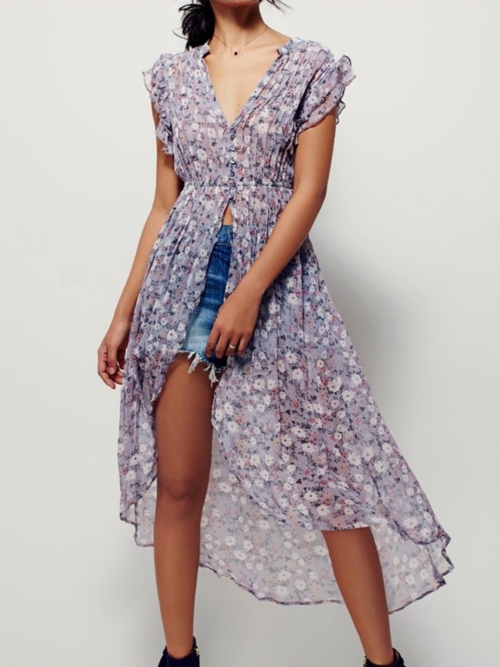 Free People Lavender Floral High-Low Button Maxi Dress Duster Cover Up